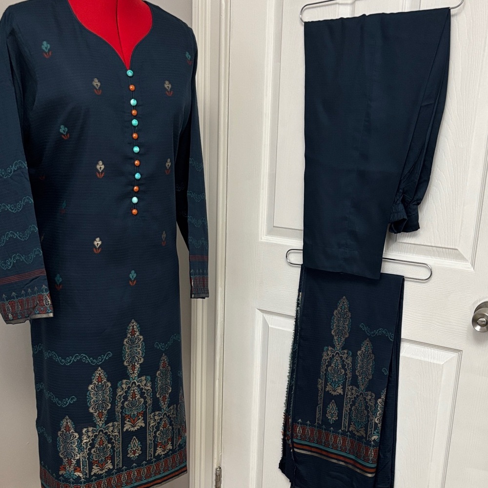 From J. Navy Embroidered Salwar Kameez Set with Teal & Rust Accents